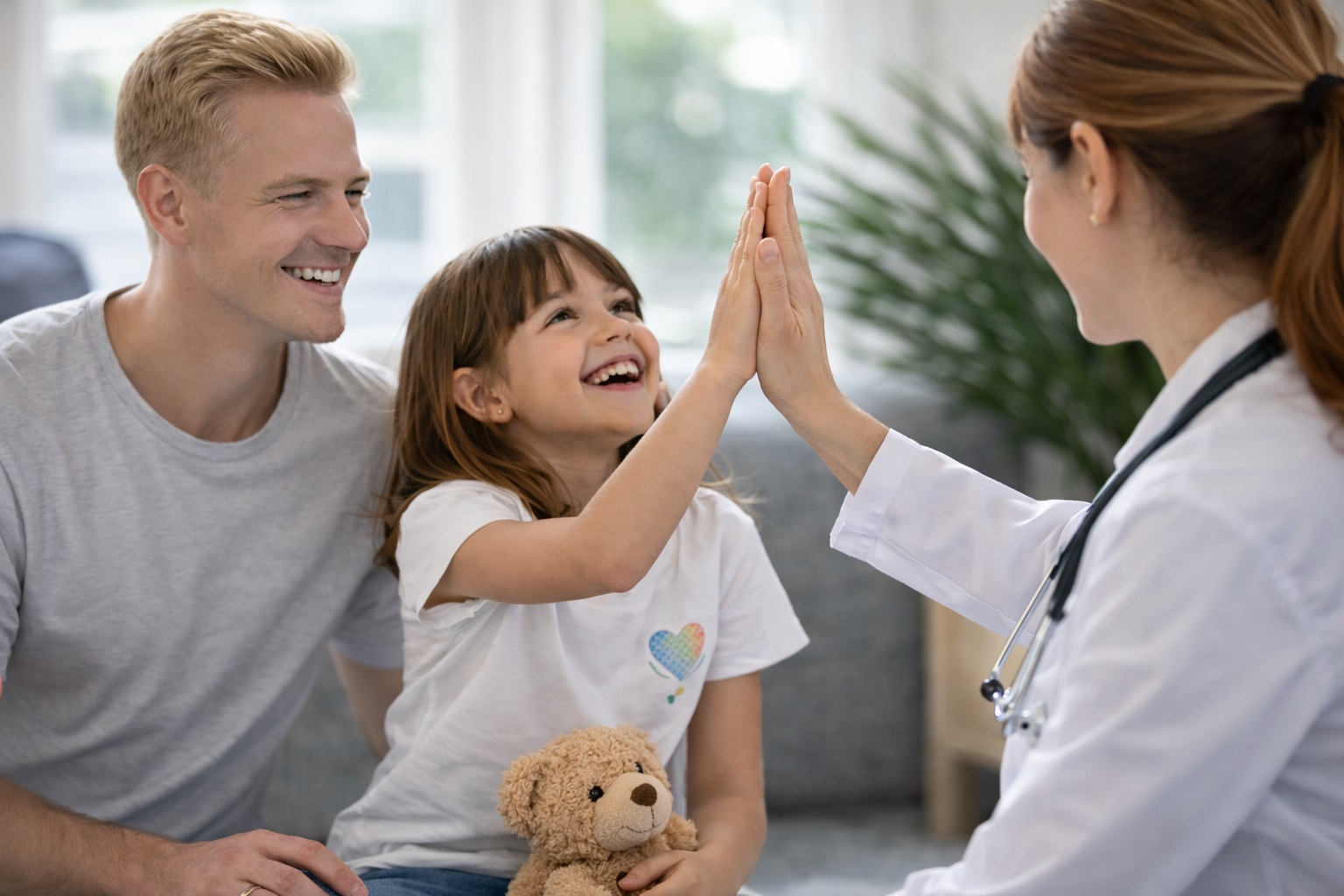 Bambina con un familiare durante una visita medica